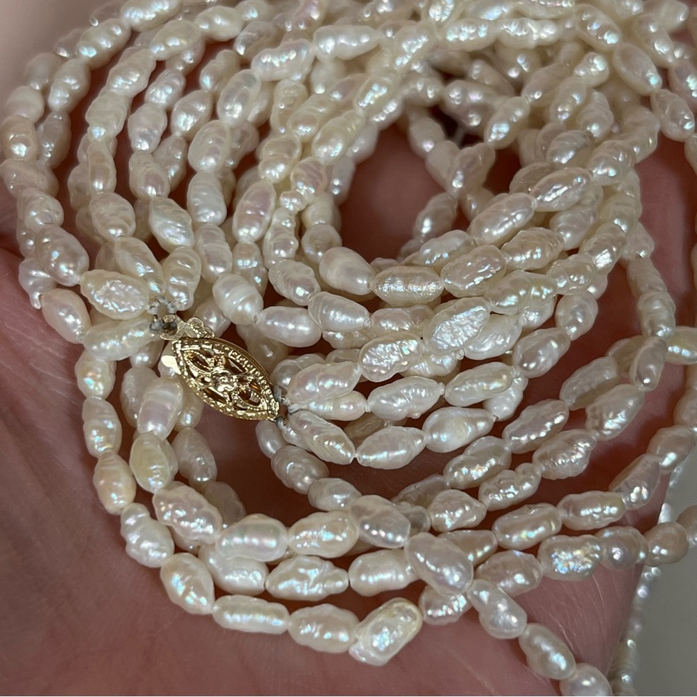 Vintage 1990’s Real Baroque Pearl 14Kt Gold five strands Necklace 19inches
